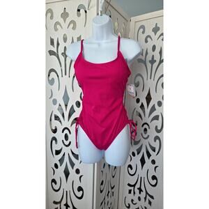 Shade & Shore Pink Ribbed One Piece Swimsuit S 4-6 NWT Side Tie Adjustable